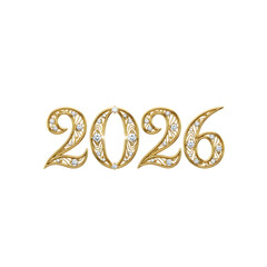 Elegant gold numbers 2026 adorned with sparkling diamonds and intricate filigree patterns isolated on transparent background