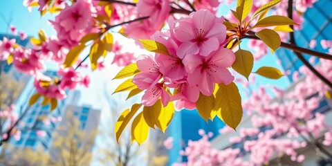 Upward view of vibrant pink sakura blossoms and fresh green leaves on a branch against a sunny spring city backdrop, leaves, pink flowers