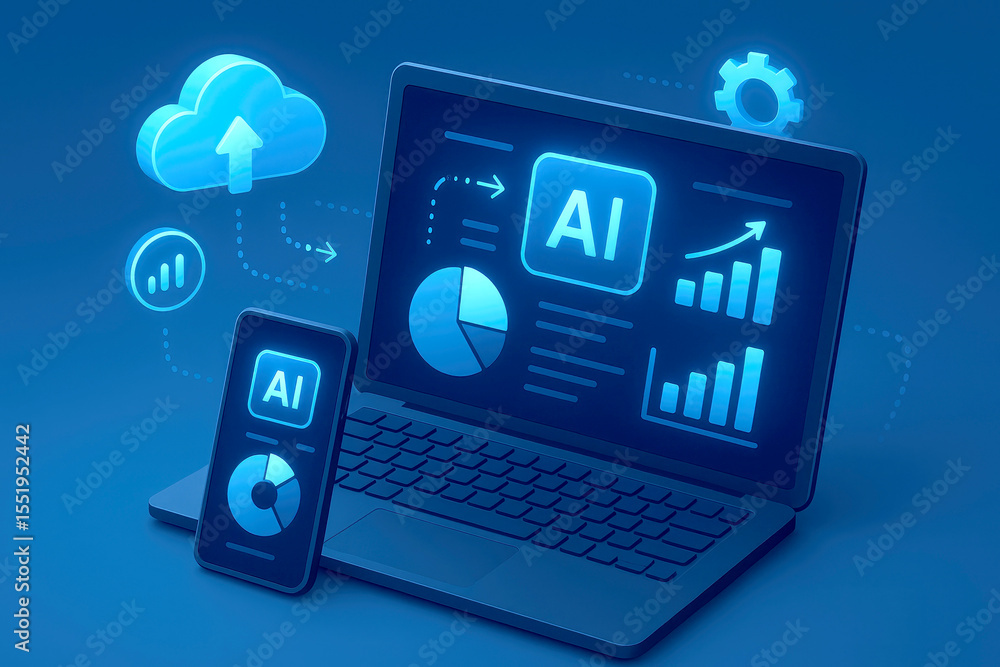 Poster blue laptop smartphone ai business analytics interface data graphs charts cloud computing