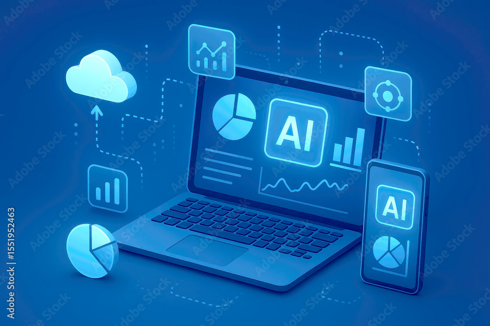 Poster blue laptop smartphone ai business analytics interface data charts graphs cloud computing