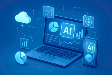 Naklejka premium Blue Laptop Smartphone AI Business Analytics Interface Data Charts Graphs Cloud Computing