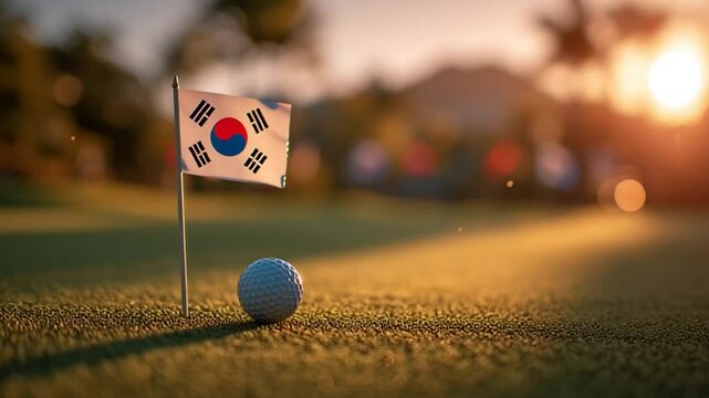 Golf Ball Near Flag on Green Before Sunset in South Korea Generative AI