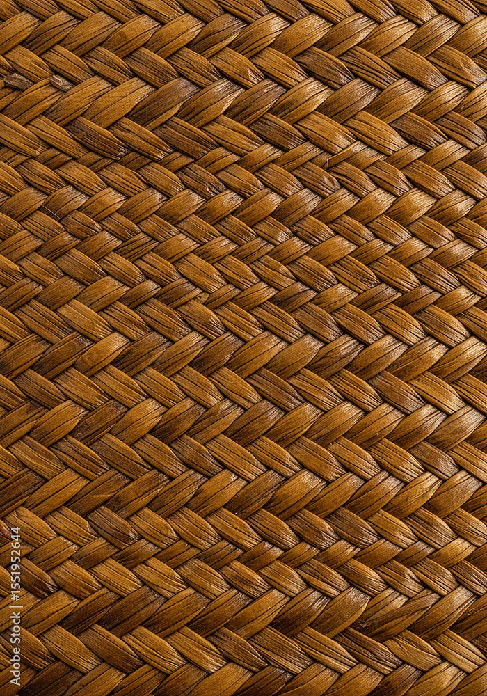 Poster close up of a woven wicker texture. the pattern is made of brown, intertwined strips, creating a det