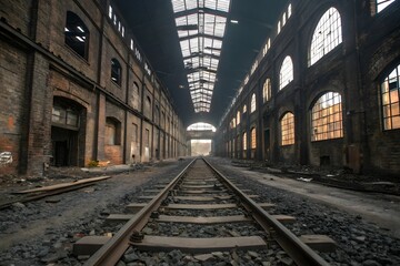 Abandoned train tracks in a fire damaged industrial building view