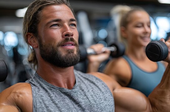 A man with long hair, wearing gray shorts, is working out on the chest press machine in an indoor gym, while another woman nearby works hard at lifting weights - Powered by Adobe