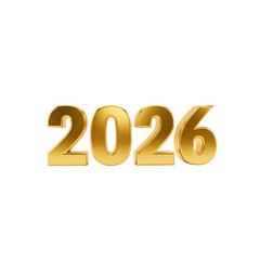Shiny golden 3d numbers forming the year 2026 with a reflective surface isolated on transparent background