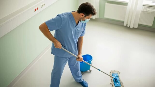 Healthcare worker mopping hospital floor for clean and safe environment