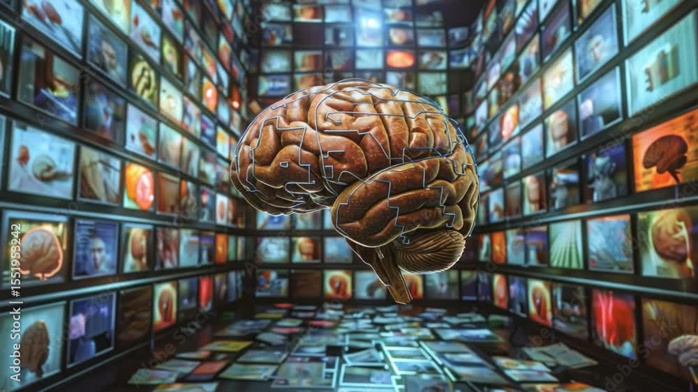 Poster human brain hovering in a surreal room filled with screens displaying varied content
