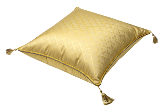 Luxurious silk pillow with geometric pattern and decorative gold tassels against black background