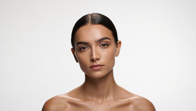Retrato de belleza de una mujer joven y hermosa con piel perfecta, pelo recogido con efecto mojado y hombros desnudos, posando con expresi&oacute;n seria sobre un fondo blanco.