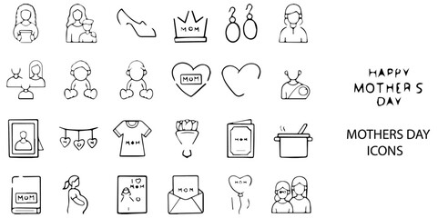 Mothers Day simple concept 24 hand drawn Grew and Black color icons set .Vector illustration.	