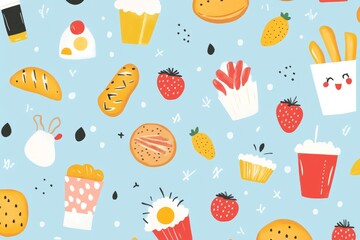 Fototapeta premium Charming light blue seamless design featuring adorable food icons and illustrations