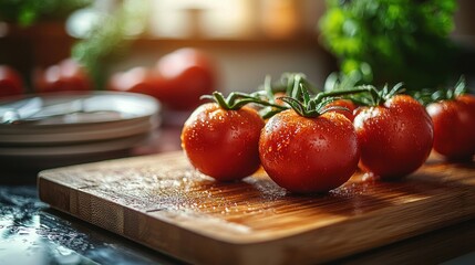Fresh tomatoes with water droplets on a wooden cutting board prepared for cooking