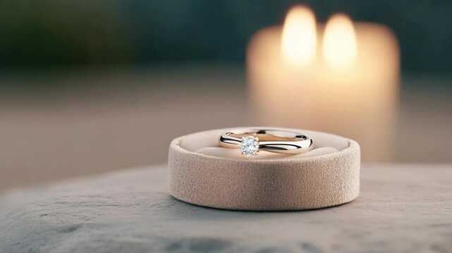 Engagement Ring in Candlelight: A solitaire diamond engagement ring rests elegantly in a beige ring box, illuminated by the warm glow of candlelight in the soft-focus background.
