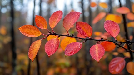 Colorful autumn leaves against a blurred forest background, evoking the beauty of fall with vibrant hues of orange, red, and yellow in a peaceful woodland setting.