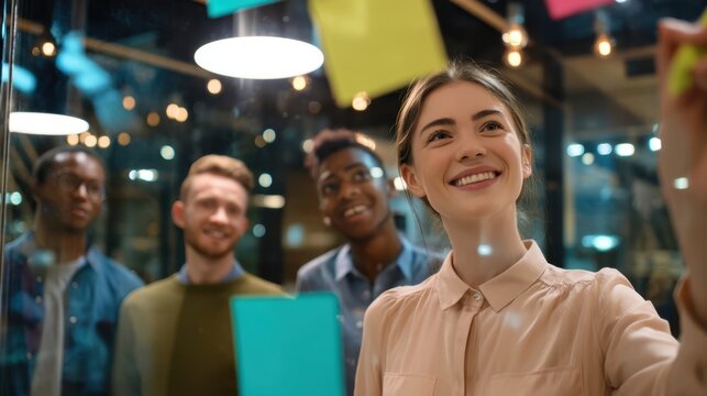 The group of young professionals brainstorming ideas with colorful sticky notes.
