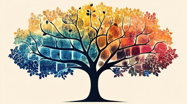 Colorful family tree template with blank cells, ideal for genealogy, ancestry, and family history projects.