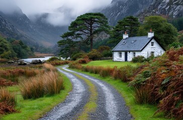 A winding road leading to an old Irish cottage in the mountains, surrounded by green grass and brown brush on both sides of it