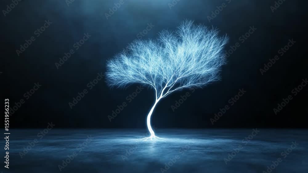 Poster glowing tree of life: a mystical, glowing tree stands alone in the darkness, its branches reaching t