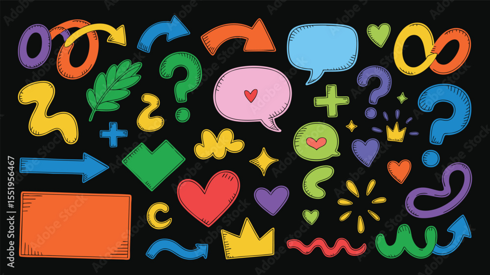 Poster whimsical doodle elements assortment a colorful array of hand-drawn arrows speech bubbles hearts que