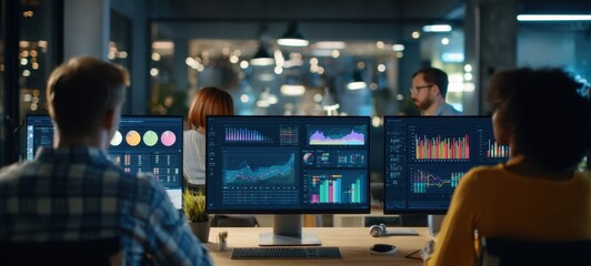 The professionals analyzing data in a modern office environment.