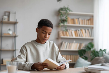 Teen boy reading notebook at desk in bright organized room