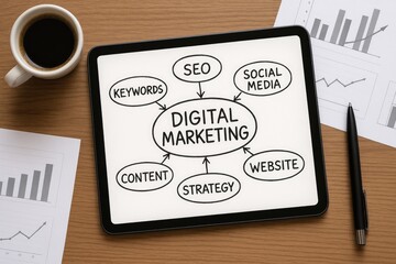 Digital Marketing Strategy Diagram on Tablet with Charts and Coffee Cup social media