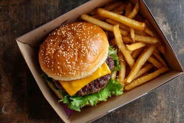 Delicious cheeseburger with crispy fries served in eco friendly box   overhead view