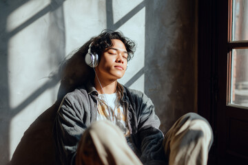 Young Asian man with headphones relaxing by window in soft light