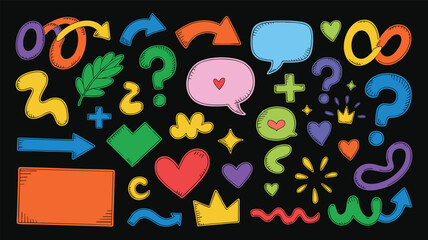 Whimsical Doodle Elements Assortment A Colorful Array of Hand-Drawn Arrows Speech Bubbles Hearts Question Marks and More for Playful Designs on Black Background
