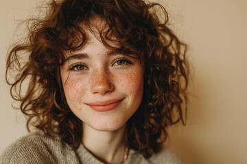 Young girl with curly hair smiling softly near bright window