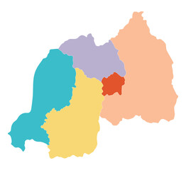 Rwanda map divided into five provinces. Map of Rwanda divided into five provinces in multicolor
