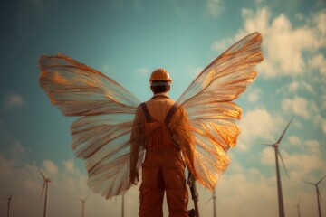 Metaphoric energy wings behind clean energy worker