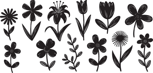 Botanical Silhouette Collection A Diverse Array of Floral Elements for Creative Designs Featuring Flowers, Leaves, and Stems in Elegant Dark Shapes on Black Backdrop