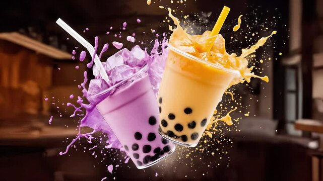Colorful bubble tea drinks splashing in vibrant motion, showcasing purple and orange flavors with tapioca pearls, perfect for refreshing beverage concepts and marketing