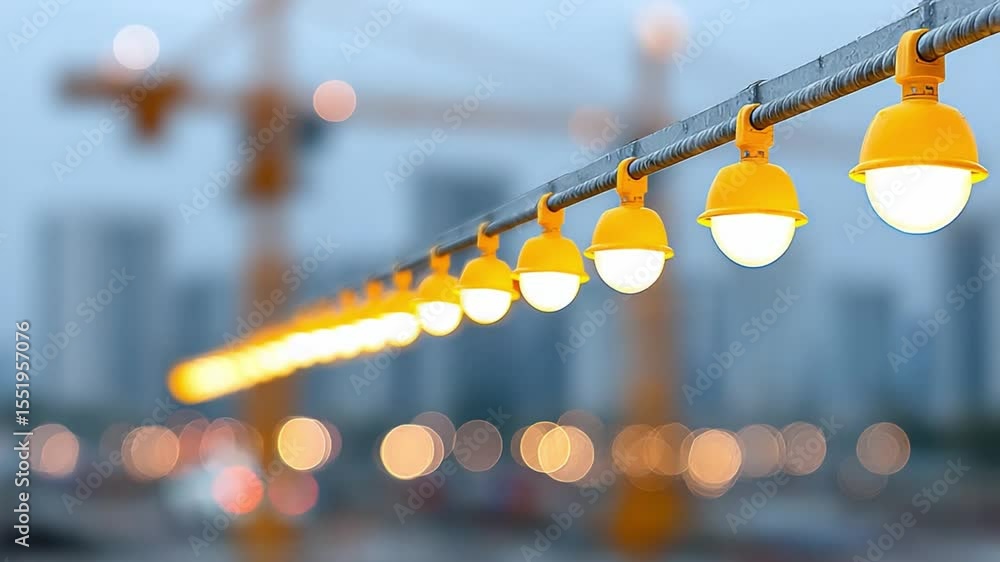 Poster Illuminating Infrastructure: An array of glowing construction lights illuminates the twilight sky, showcasing modern architecture and urban development.
