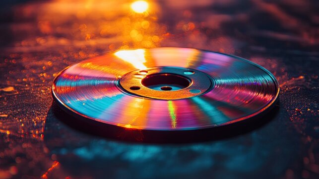 Compact disk resting on a flat surface, reflecting light off its shiny surface, symbolizing technology, music, or digital media in a nostalgic context.