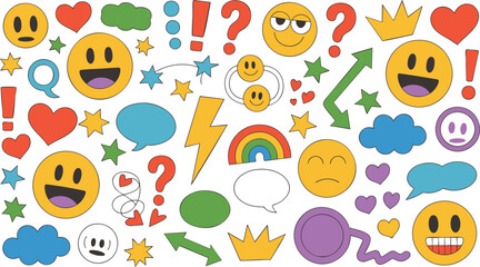 Colorful Emoji and Symbol Collection A Vibrant Assortment of Expressive Faces, Hearts, and Icons for Adding Personality and Emotion to Designs on Black Backdrop