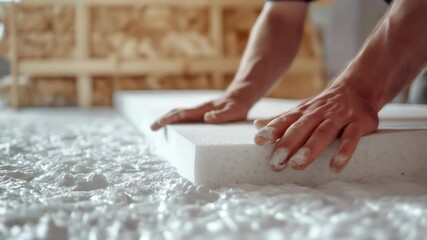 Crafting precision: hands shaping foam with careful attention in workshop