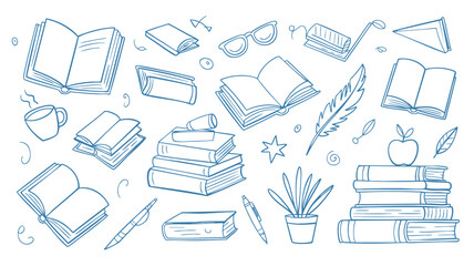Scholarly Doodle Collection A Hand-Drawn Assortment of Books, Stationery, and Academic Elements for Educational and Creative Designs on White Background