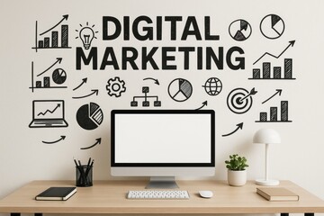 Digital Marketing Workspace Modern Computer Desk Setup Black and White Graphics Charts Graphs