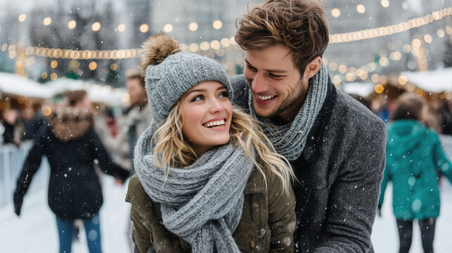 Christmas couple enjoying snowy winter day at festive outdoor market, smiling and dressed in warm clothes. Romantic holiday atmosphere. Cozy seasonal moment.