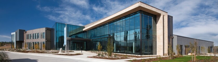 Modern energy company headquarters with solar glass