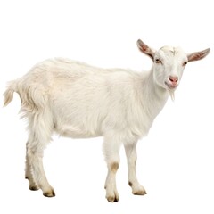 White domestic goat with horns standing in a summer meadow