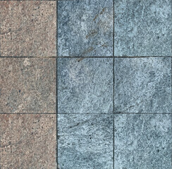 Close up of rough outdoor stone tiles in blue and brown red color. Suitable for pavement or sidewalk garden floor. Seamless background texture.