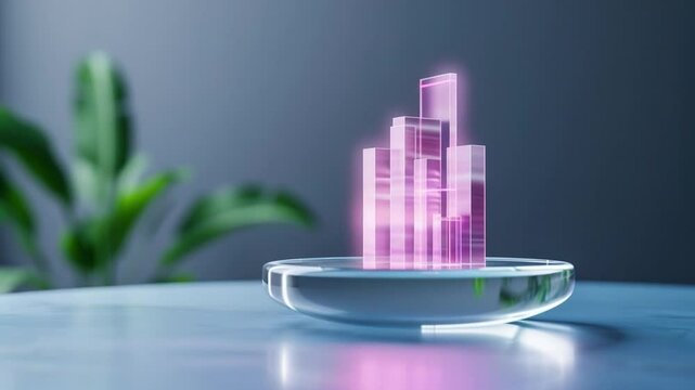 Holographic Cityscape: A futuristic pink holographic cityscape model floats on a glass disc, showcasing innovative architecture and urban planning concepts.