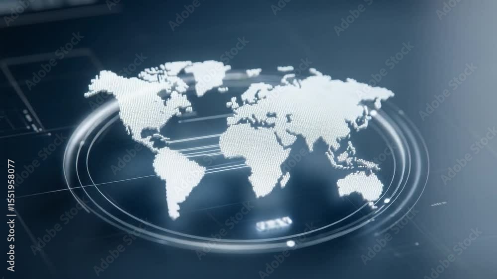 Poster Global Network Hub: A digitally rendered, glowing world map orbits within a sleek, modern interface, symbolizing interconnectedness and global reach.