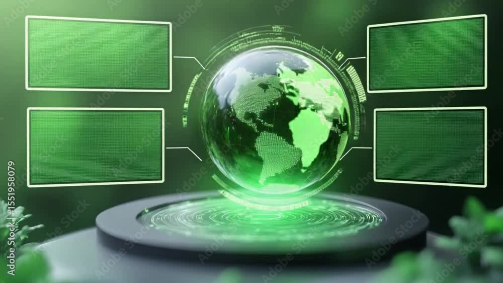 Poster global presentation: a mesmerizing, glowing sphere representing the globe hovers amidst futuristic d