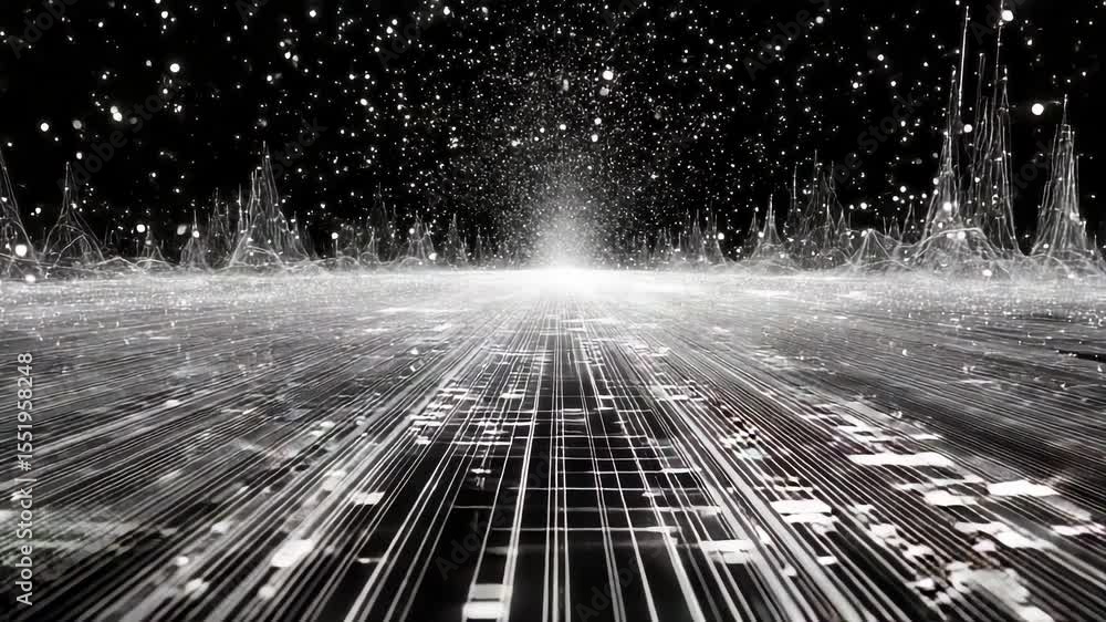 Poster abstract futuristic digital space filled with glowing white particles and grid lines on a black back