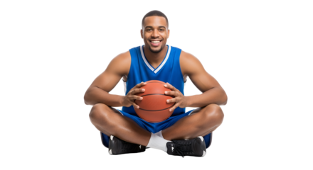 Man Sitting Cross-Legged Holding a Basketball and Smiling